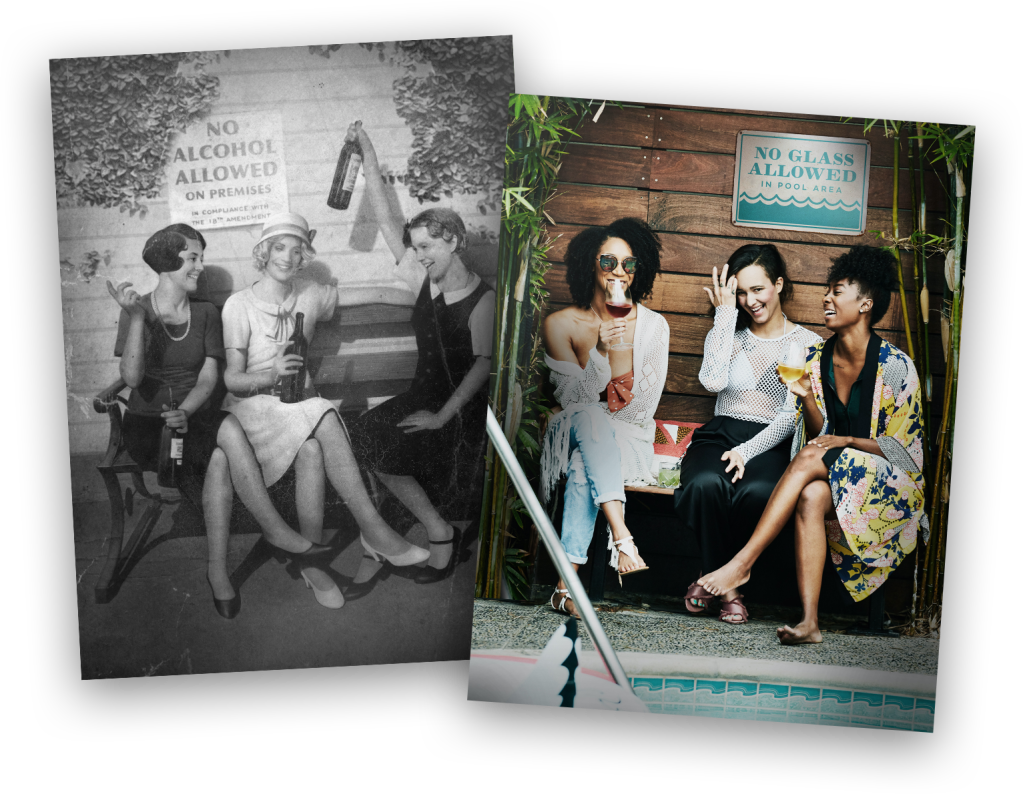 Two photographs of people drinking wine together