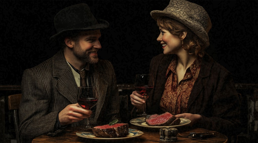 AI generated image of a 1920s style couple enjoying glasses of red wine and steak at a table