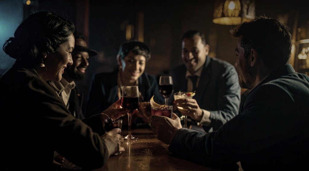 Image of people enjoying cocktails in a speakeasy style setting